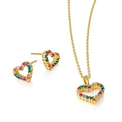 Smykkesett Fargede Hjerter 925 Forgylt Sølv
